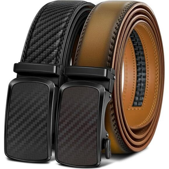 Men's Leather Ratchet Belts 2 Pack Adjustable No Holes Dress Belts Gift Set